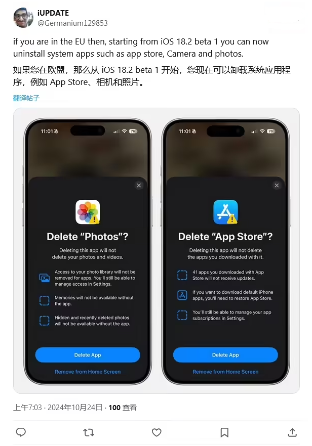 修水苹果手机维修分享iOS 18.2 支持删除 App Store 应用商店 